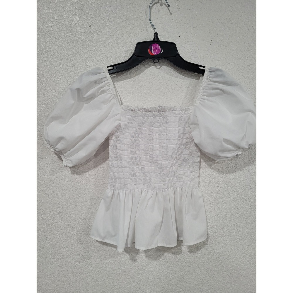 AVA +‎ ESME White Puff Sleeve Smocked Peplum Top Square Neck Ruffle Trim S #21
